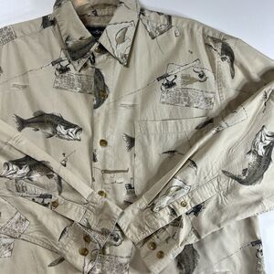 Field & Stream Shirt Mens Large Short Sleeve Fish Fishing Pole Bass Angler Beige